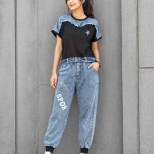 Black T-Shirt & Acid Wash Denim Jogger Pants