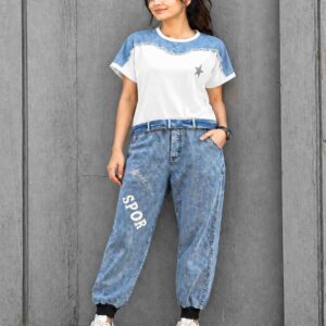 White T-Shirt & Acid Wash Denim Jogger Pants