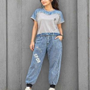Biscuit T-Shirt & Acid Wash Denim Jogger Pants