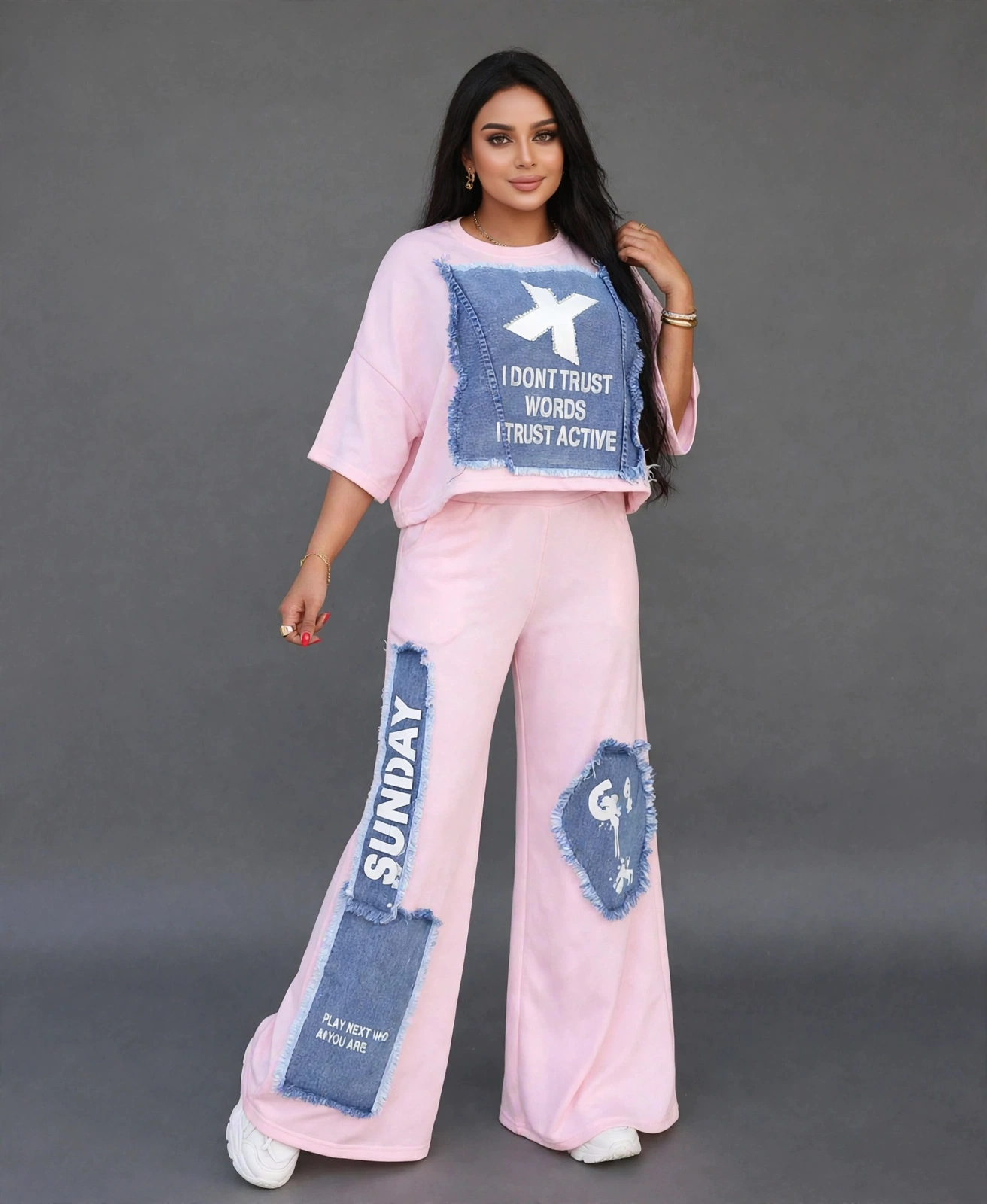 Baby Pink Damen Applica Crop Top and Cargo Pants Set for Girls