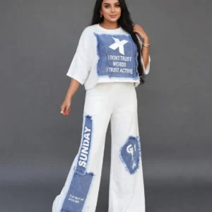 White Damen Applica Crop Top and Cargo Pants Set for Girls