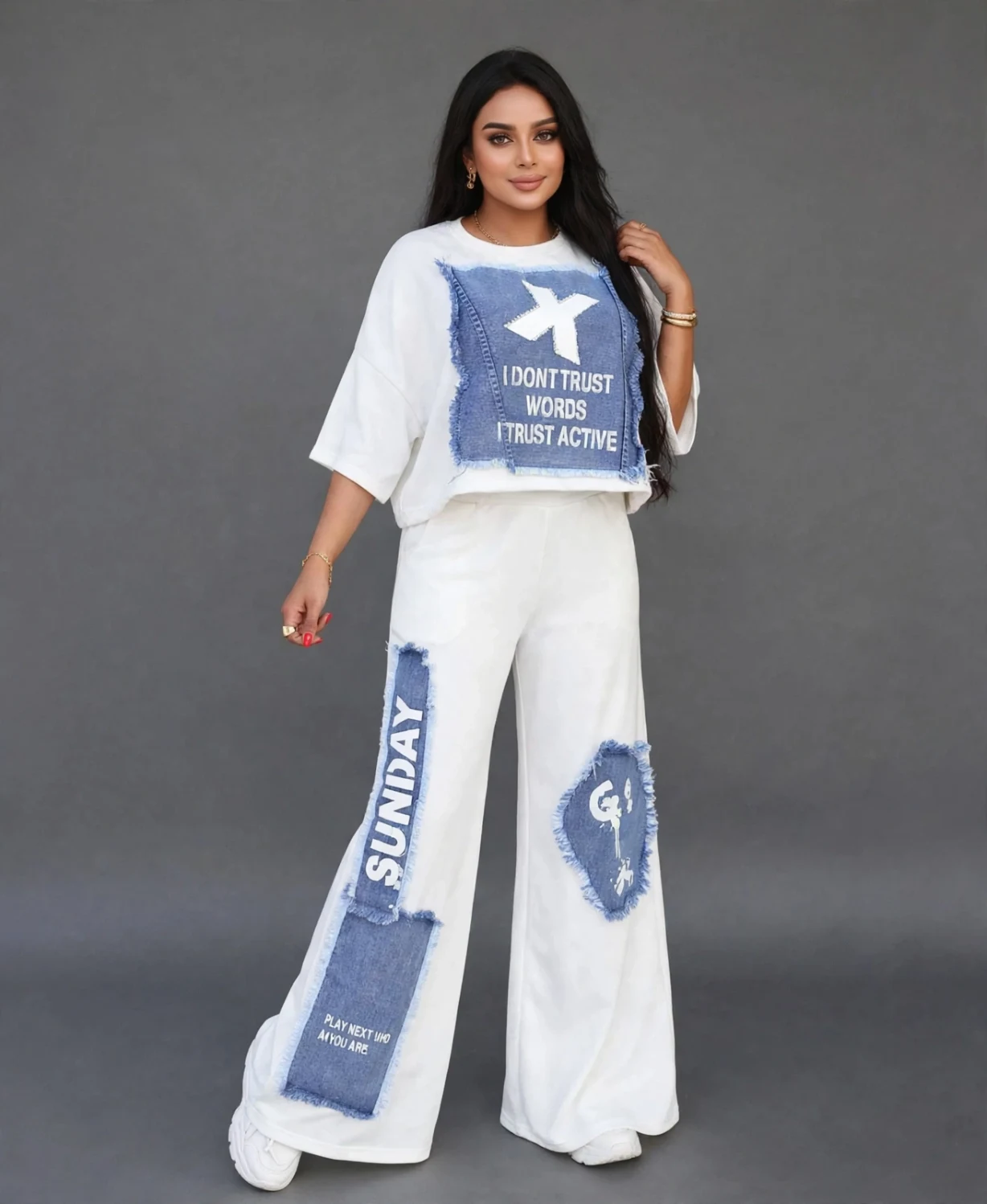 White Damen Applica Crop Top and Cargo Pants Set for Girls