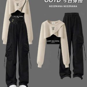 Biscuit Crop Top and SKY color Cargo Pants Set for Girls