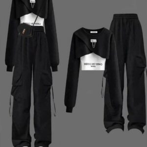 Black Crop Top and Cargo Pants Set for Girls