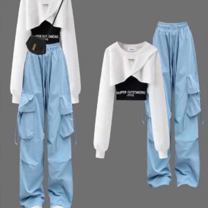 White Crop Top and SKY color Cargo Pants Set for Girls