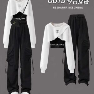 White Crop Top and Black color Cargo Pants Set for Girls