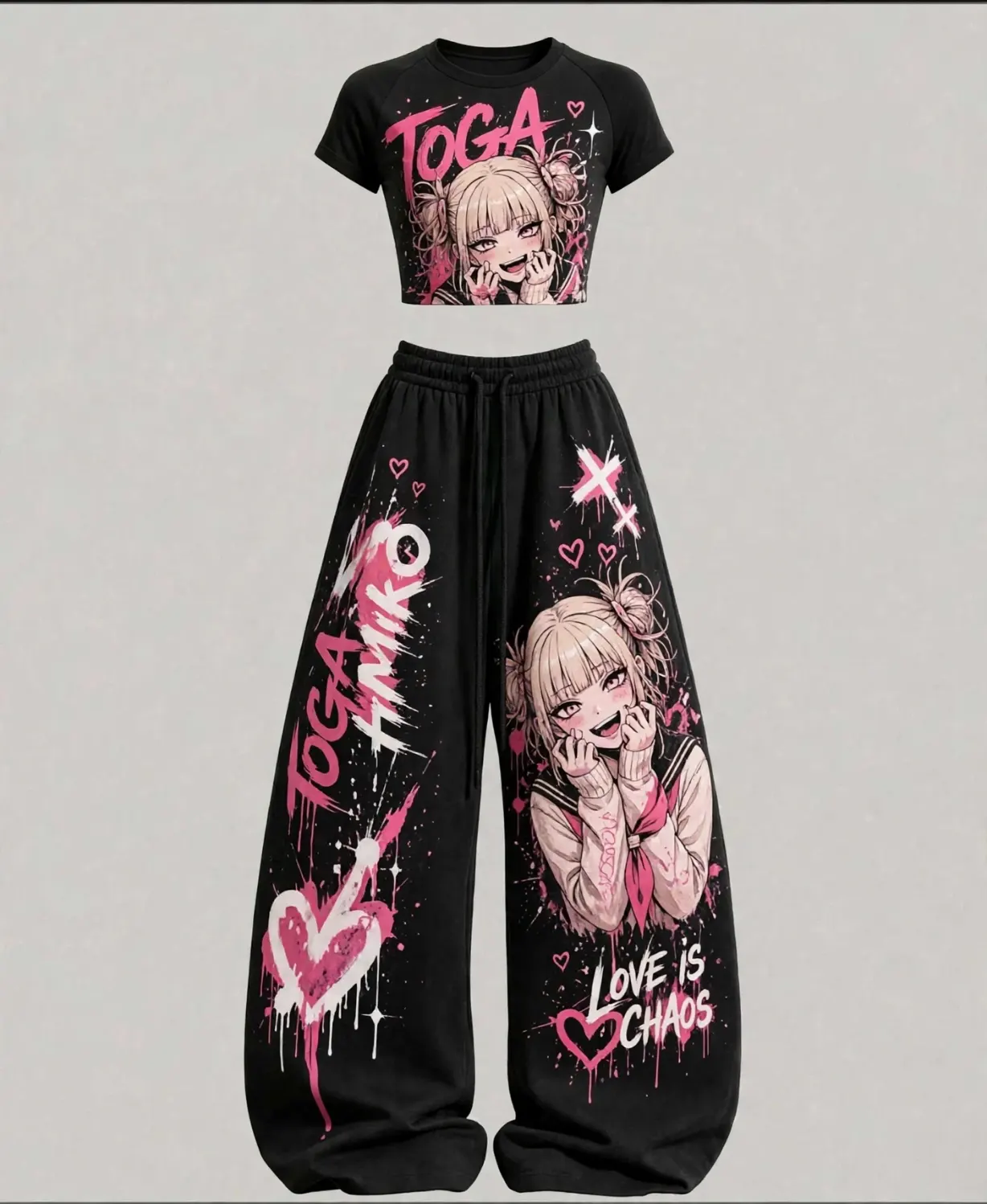 Black Anime Print Crop Top & Wide-Leg Pants 2-Piece Set