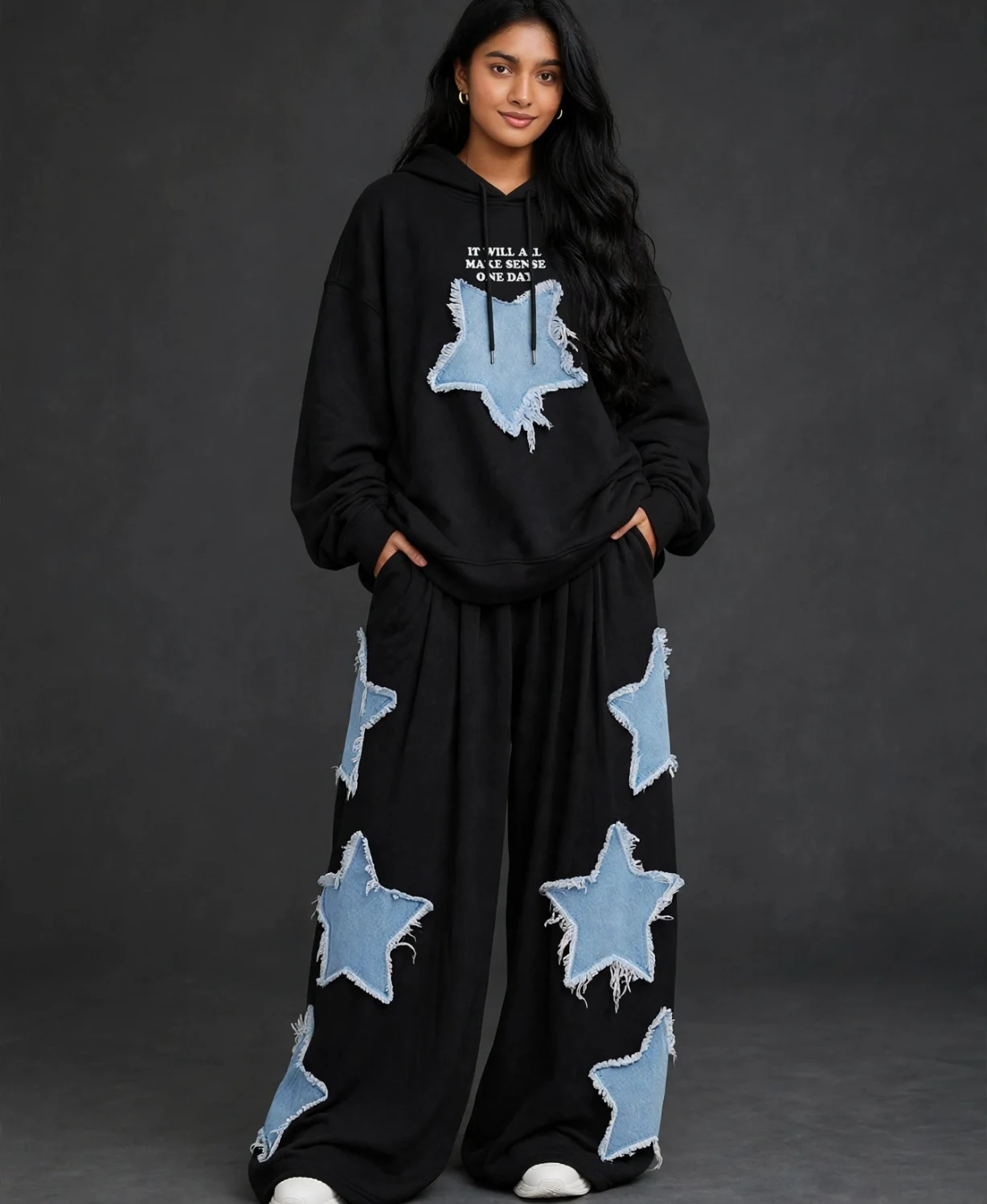 Black Distressed Star Patch Hoodie & Wide-Leg Pants Co-ord Set