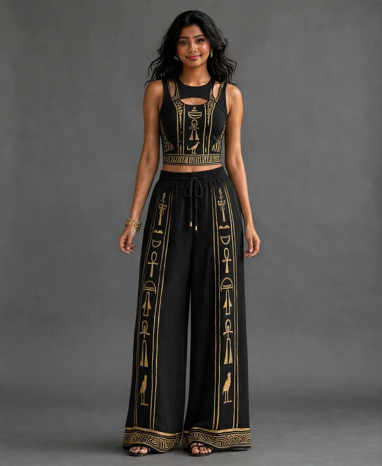 Black and gold Egyptian hieroglyphic print cutout top and wide-leg pants set