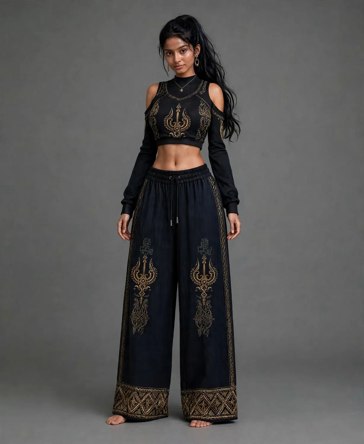 Black wide-leg pants with gold print motifs and diamond hem border
