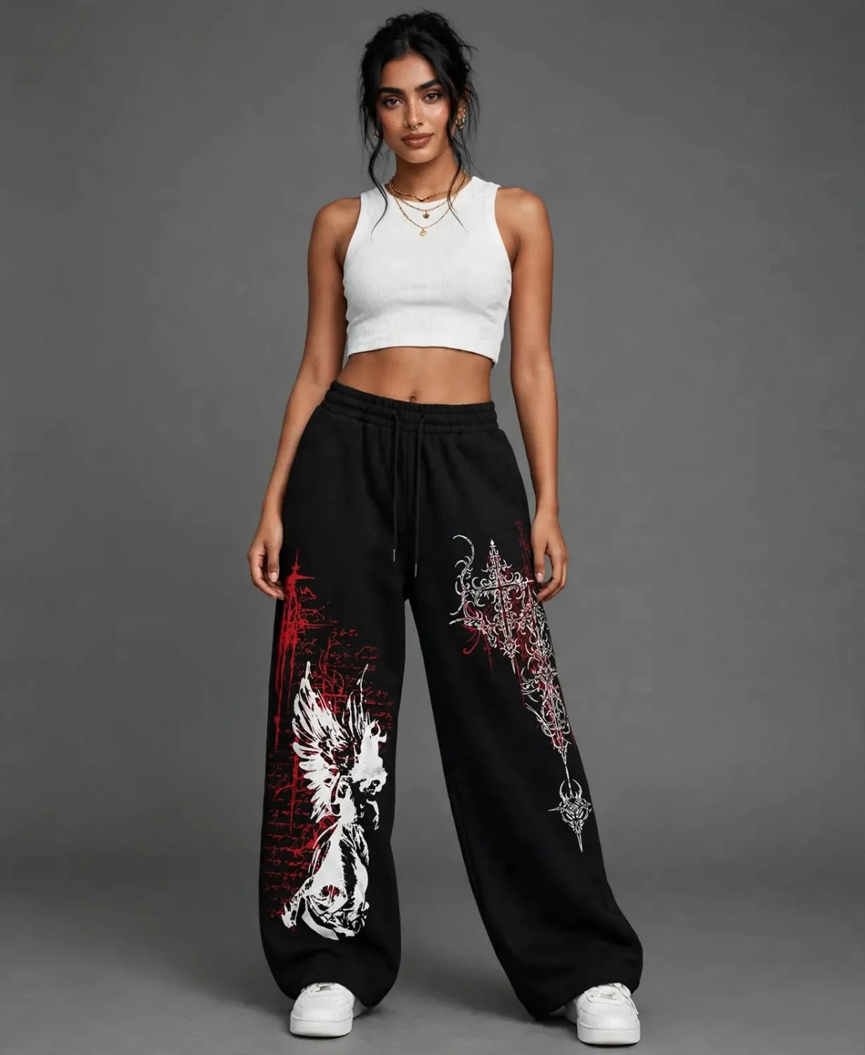 Black wide-leg pants with red and white gothic angel wing graphic print