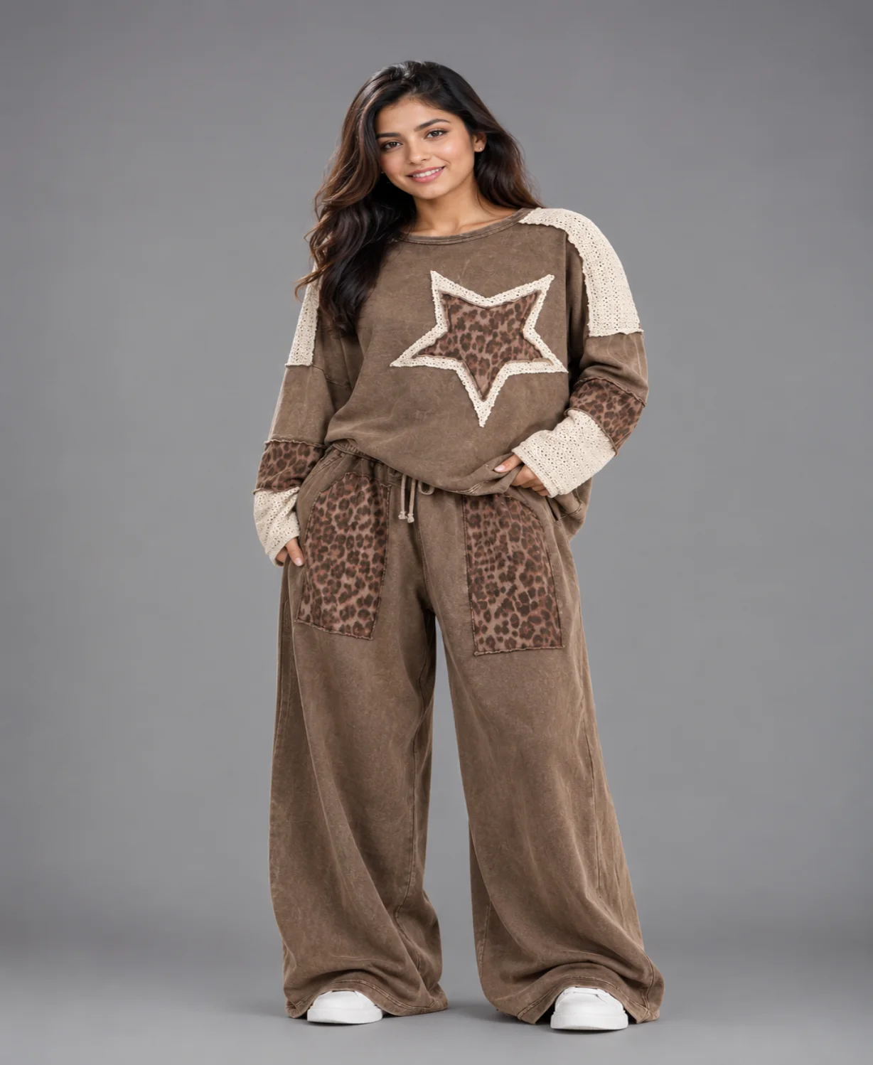 Brown acid wash leopard print star patch sweatshirt and wide-leg pants set