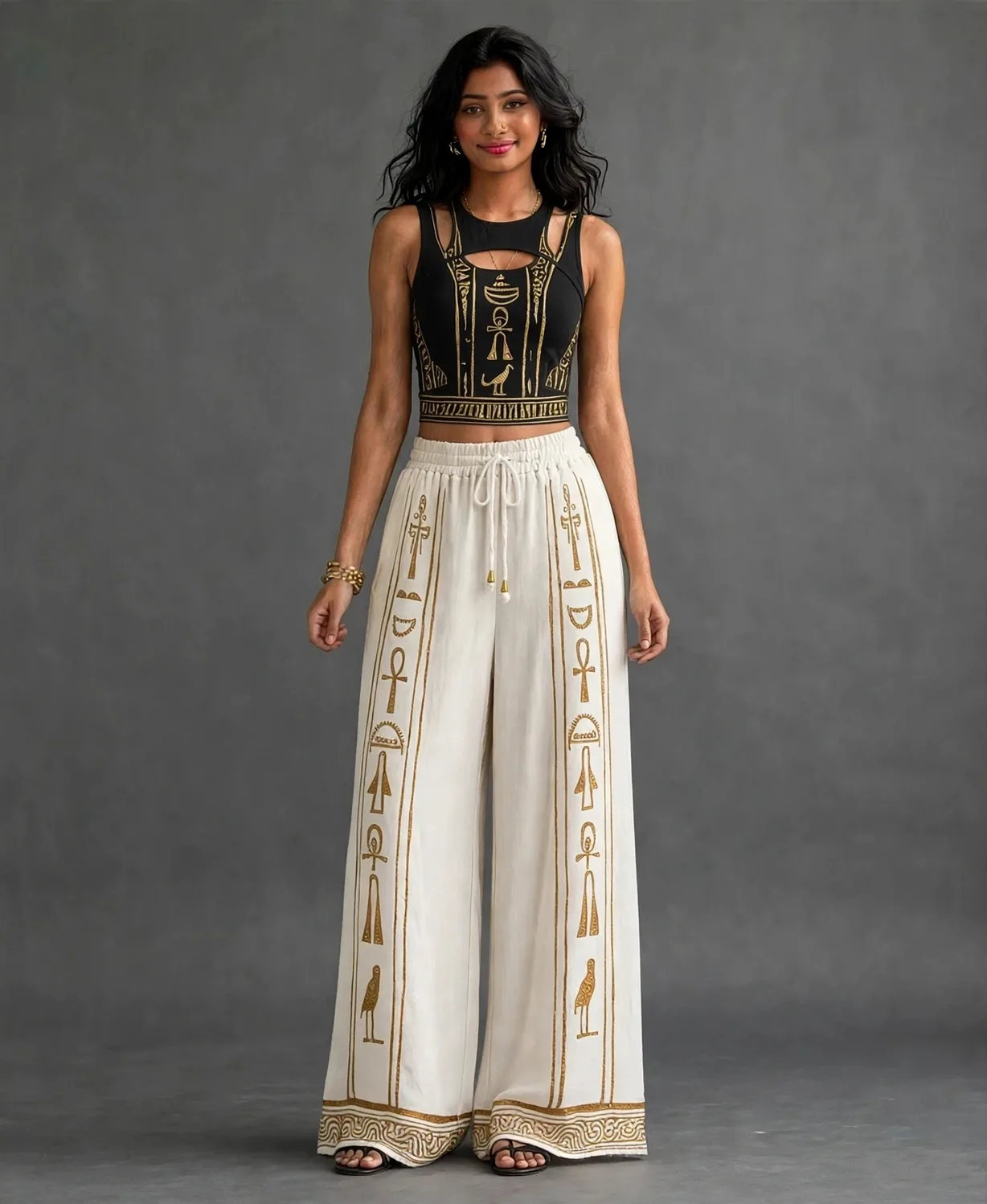 Shop the Off-White gold Egyptian print cutout top & wide-leg pants set. Bold statement style with hieroglyphic-inspired detailing, perfect for festive wear.