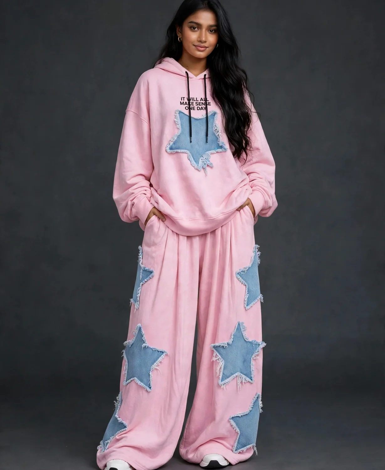 Pink Distressed Star Patch Hoodie & Wide-Leg Pants Co-ord Set
