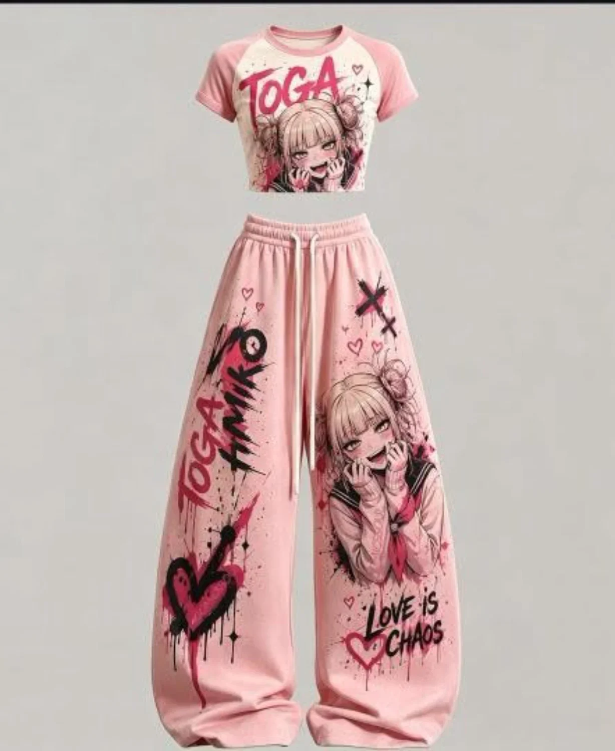 Pink anime graphic print crop top and wide-leg pants 2-piece set