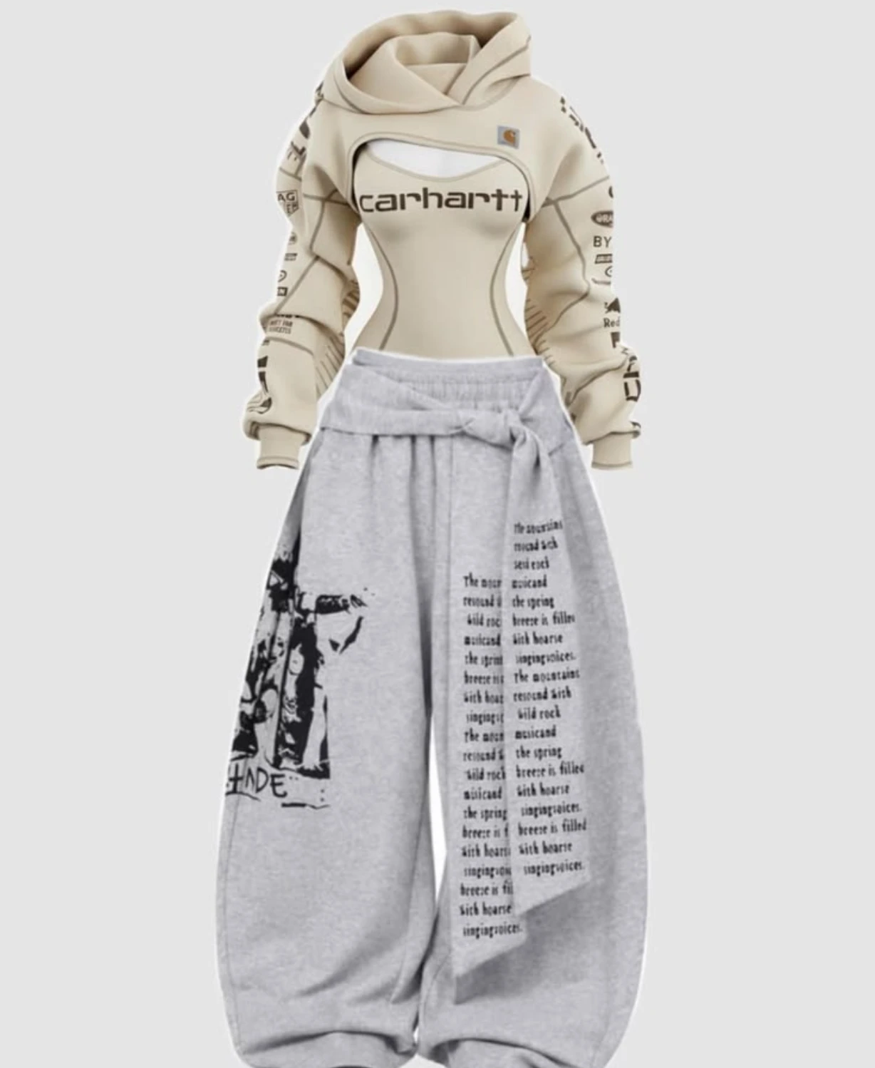 Beige cutout hoodie bodysuit and grey gothic text print wide-leg pants set
