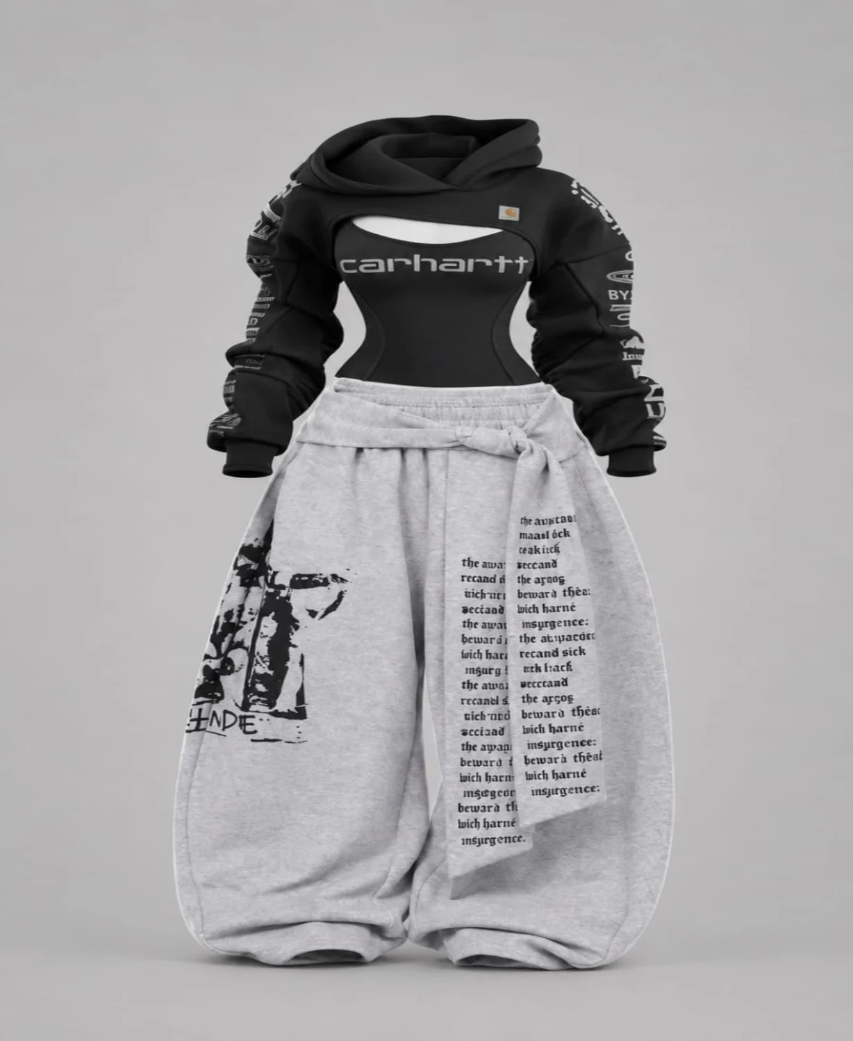 Black cutout hoodie bodysuit and grey gothic text print wide-leg pants set