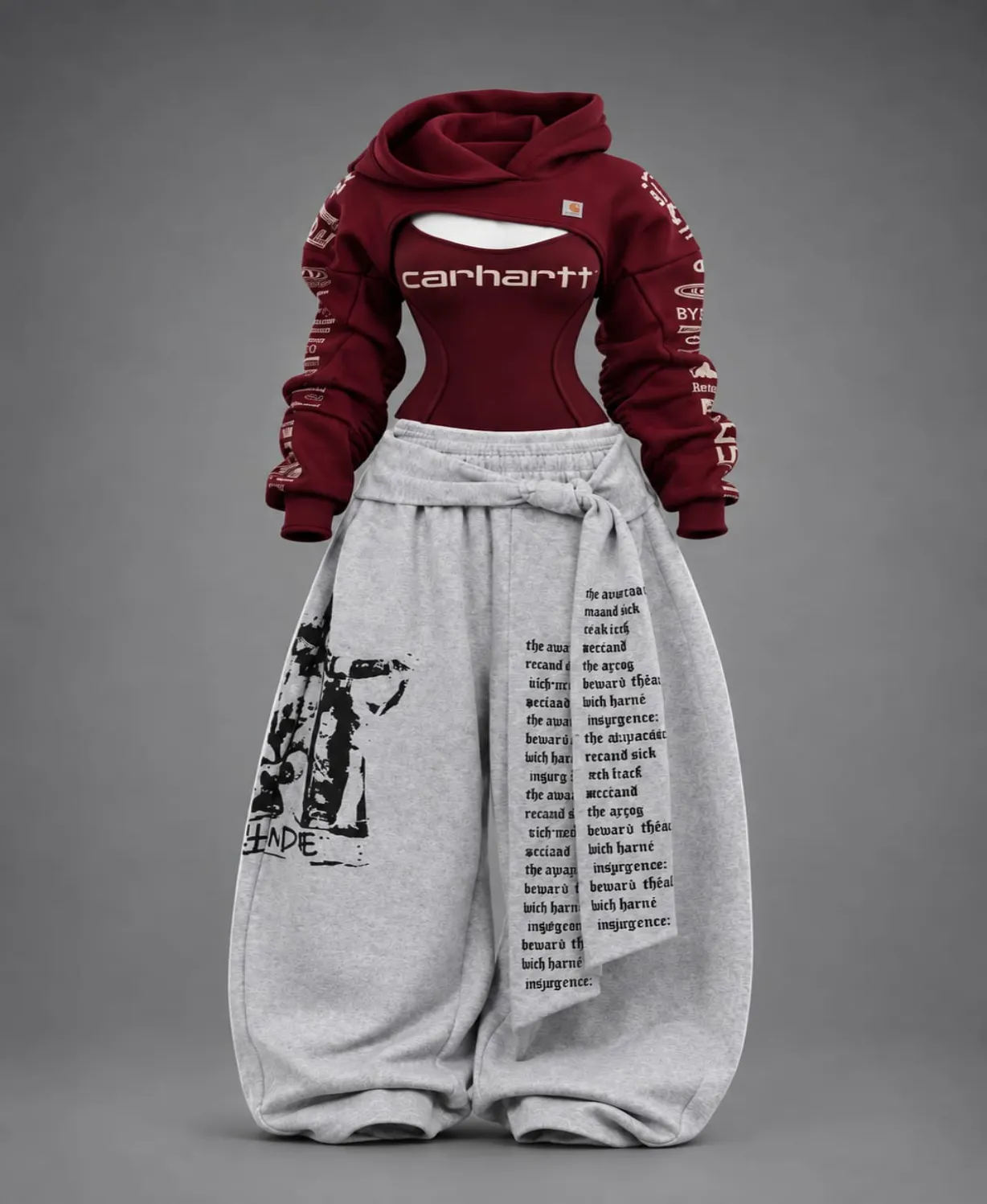 Maroon cutout hoodie bodysuit and grey gothic text print wide-leg pants set