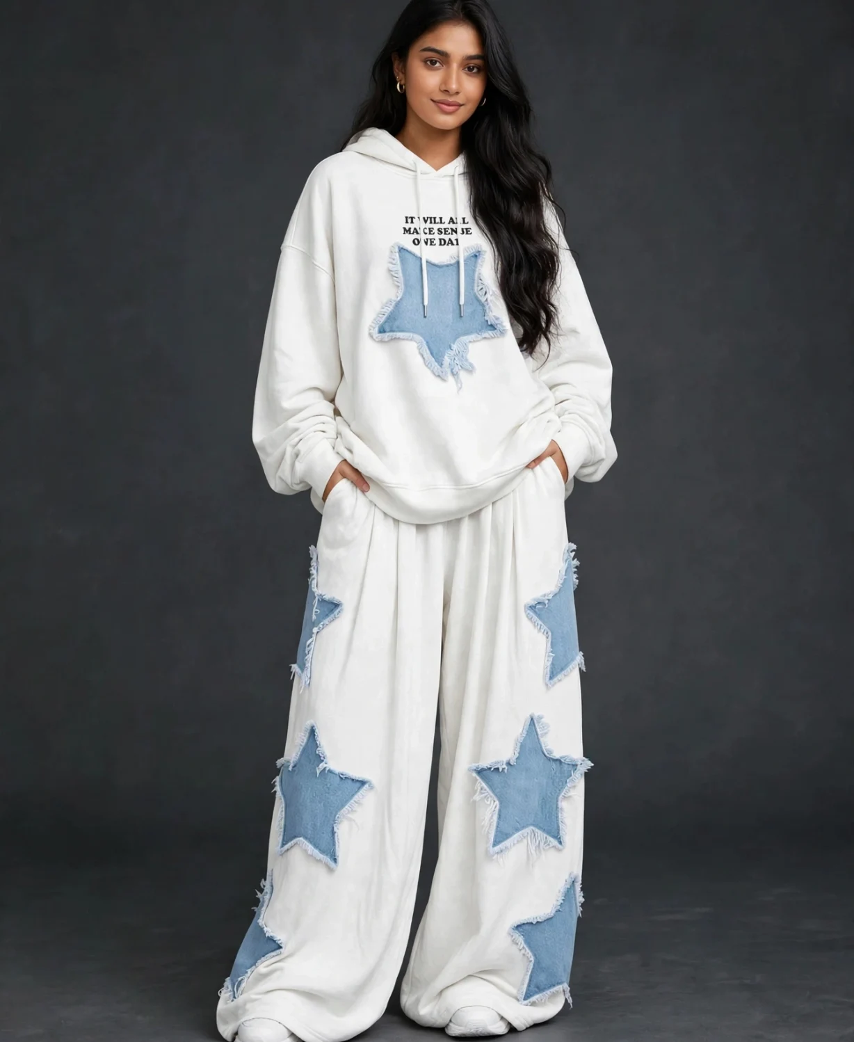 White Distressed Star Patch Hoodie & Wide-Leg Pants Co-ord Set
