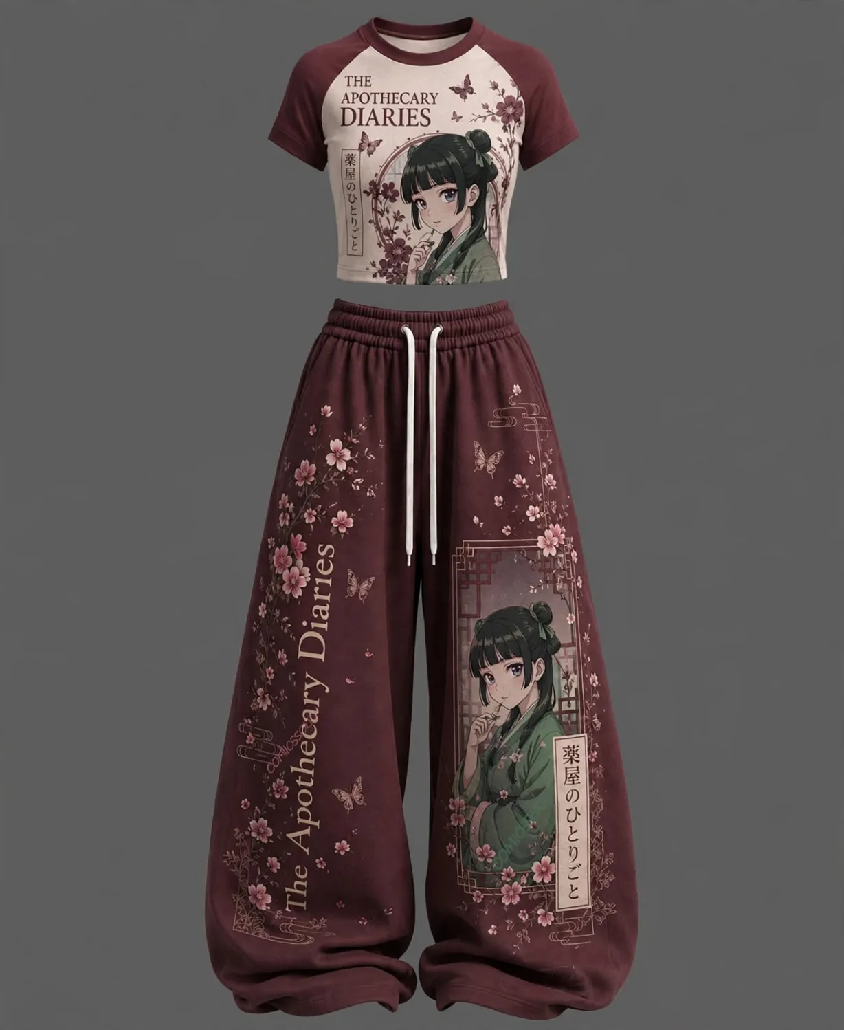 Botanical Anime Print Crop Top & Pants Set | Aesthetic Streetwear