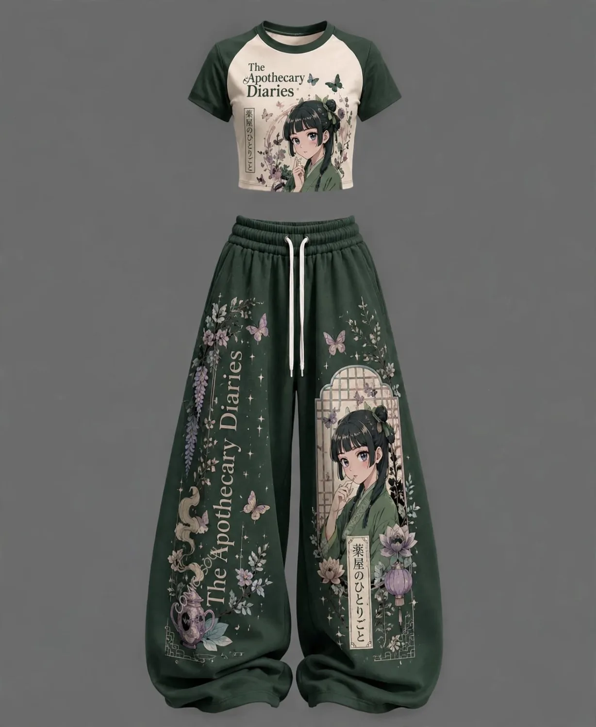 Botanical Anime Print Crop Top & Pants Set | Aesthetic Streetwear