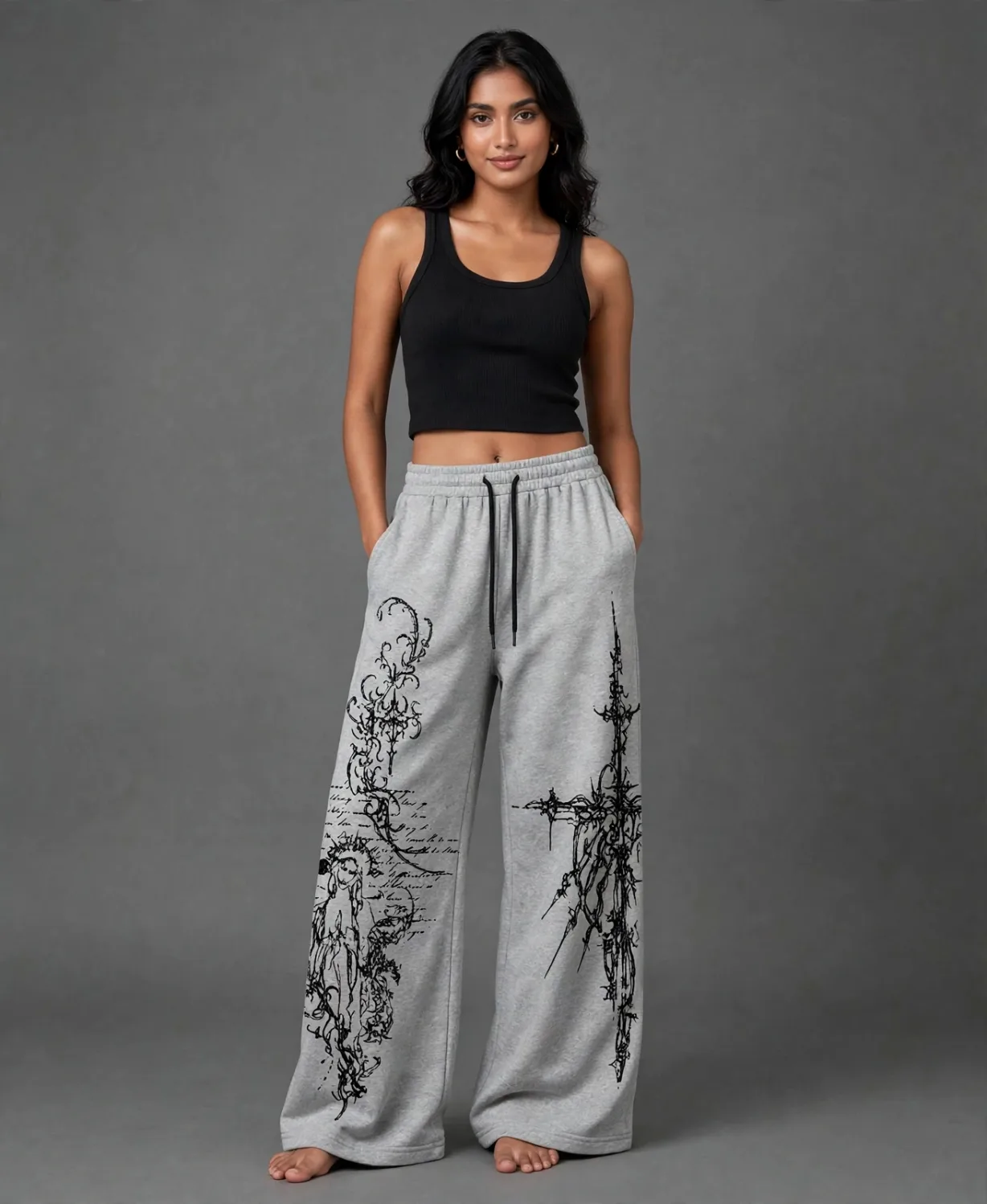 Heather grey wide-leg pants with black gothic cross and filigree graphic print