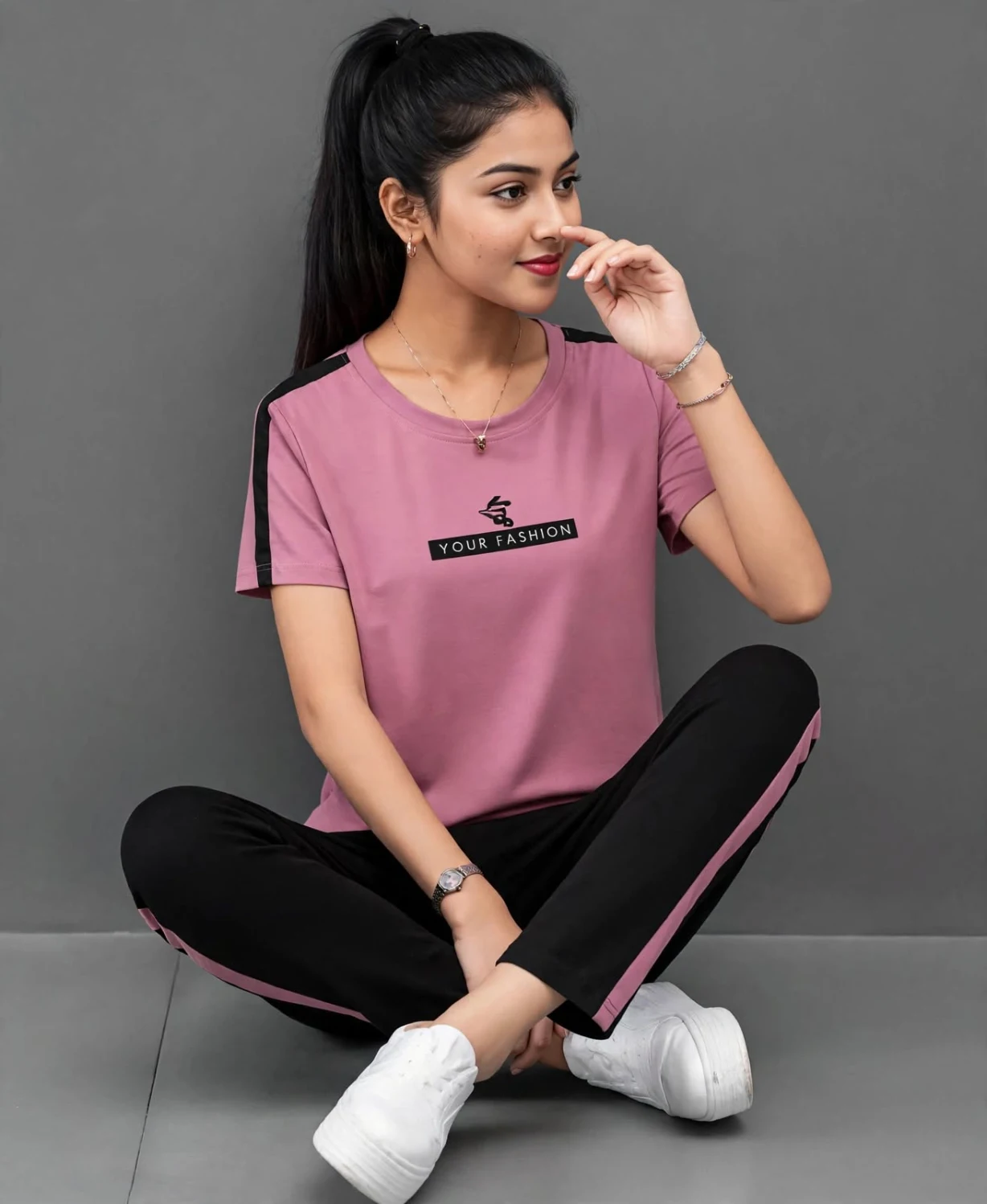 Pink Side Stripe Tracksuit Set – T-Shirt & Cropped Pants