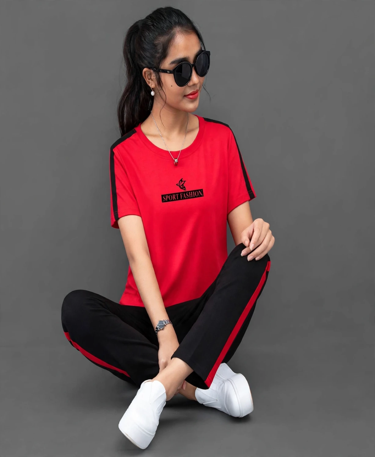 Red Side Stripe Tracksuit Set – T-Shirt & Cropped Pants