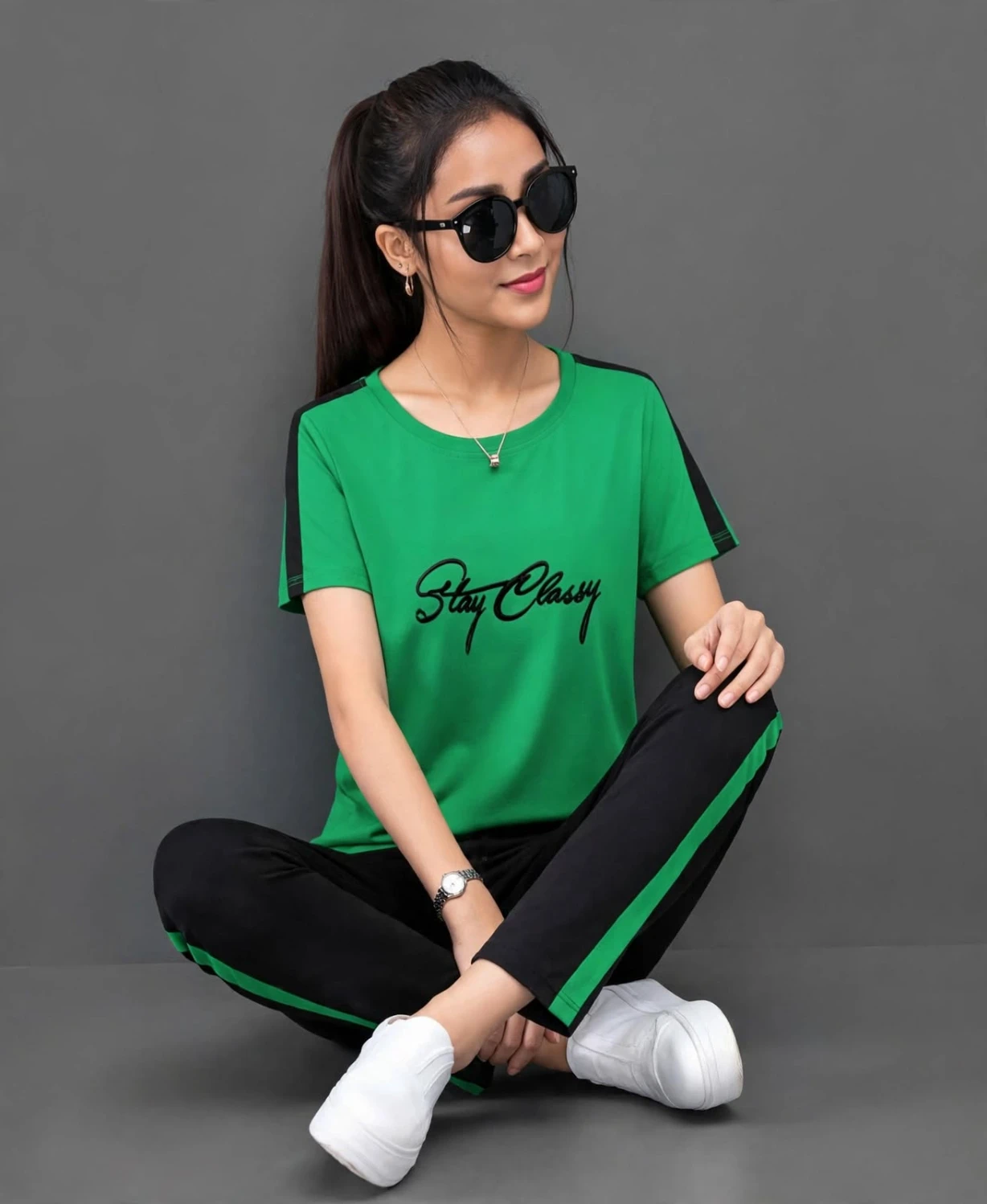 Green Side Stripe Tracksuit Set – T-Shirt & Cropped Pants