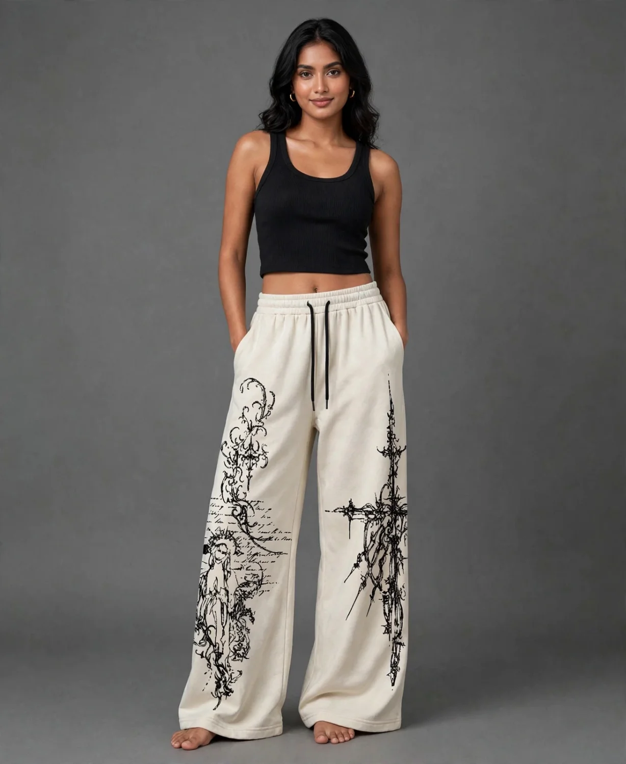 Cream wide-leg pants with black gothic cross and filigree graphic print
