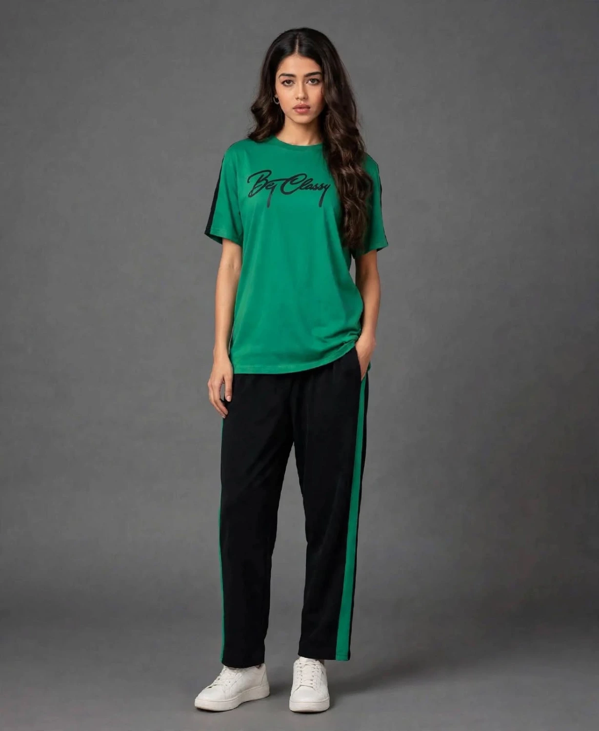 Green Side Stripe Tracksuit Set – T-Shirt & Cropped Pants