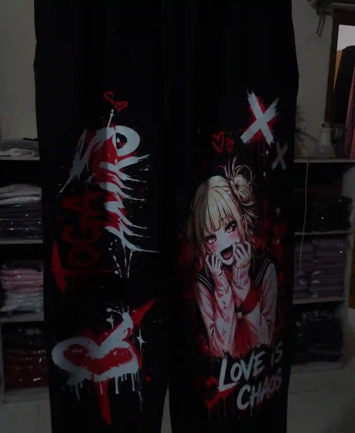 Black Anime Print Crop Top & Wide-Leg Pants 2-Piece Set