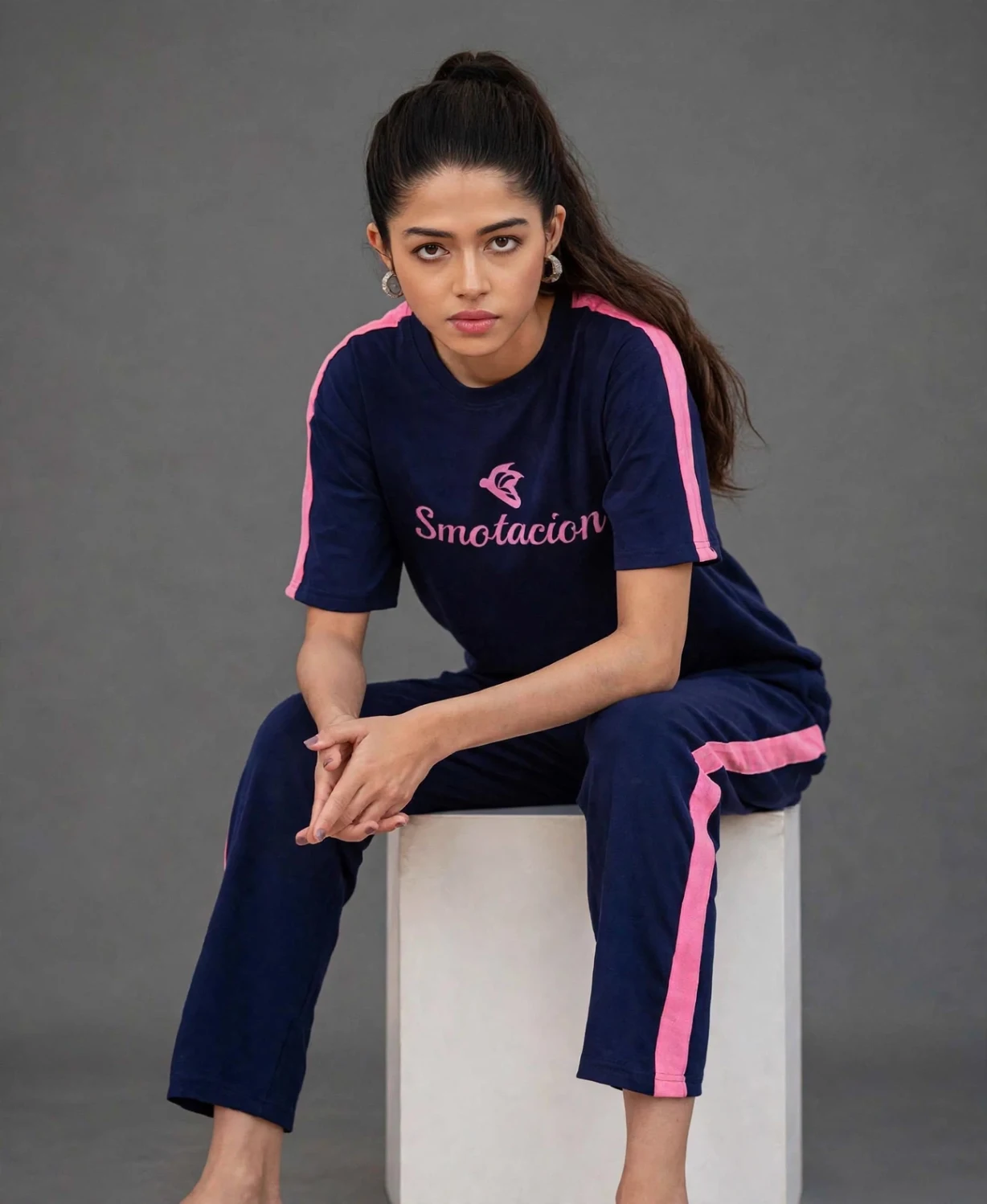 Navy blue side stripe tracksuit set with logo tee and cropped pants