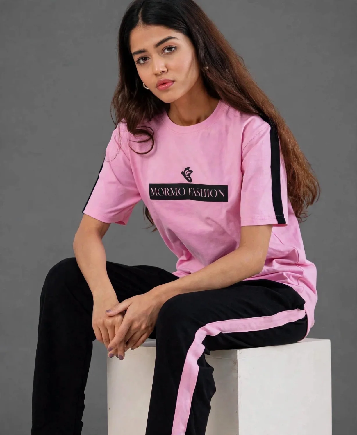 Pink Side Stripe Tracksuit Set – T-Shirt & Cropped Pants